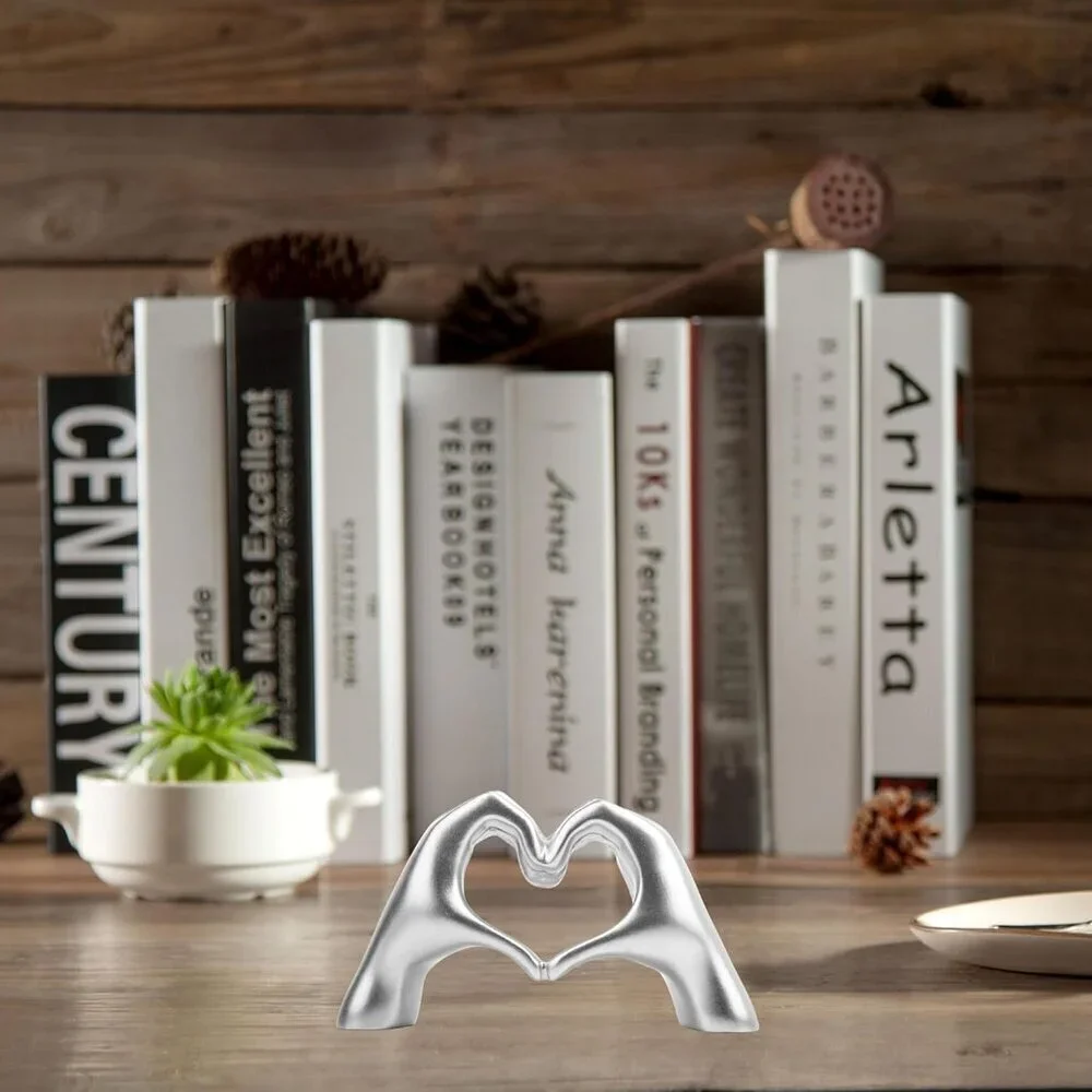 Small Silver Heart Hands Sculpture Decor for Living Room Bedroom Bookshelf
